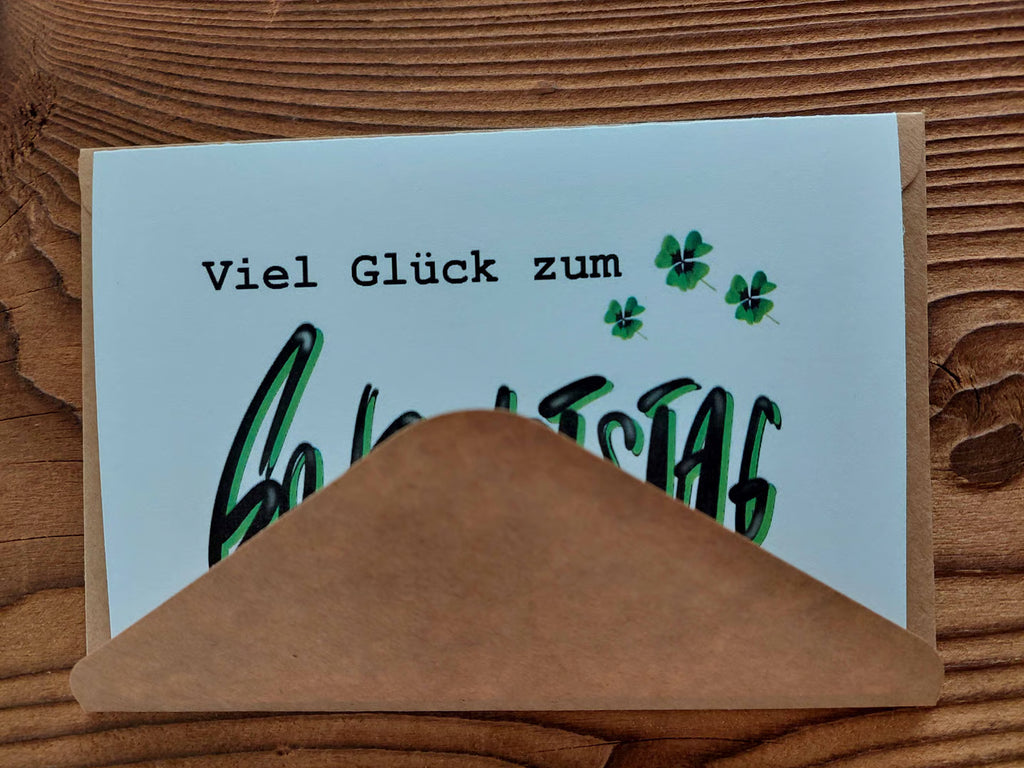 Geburtstagskarte Viel Glück zum Geburtstag mit Kraftpapier-Umschlag, auf Fotokarton gedruckt, handgemacht in der Schweiz, KicomiArt

