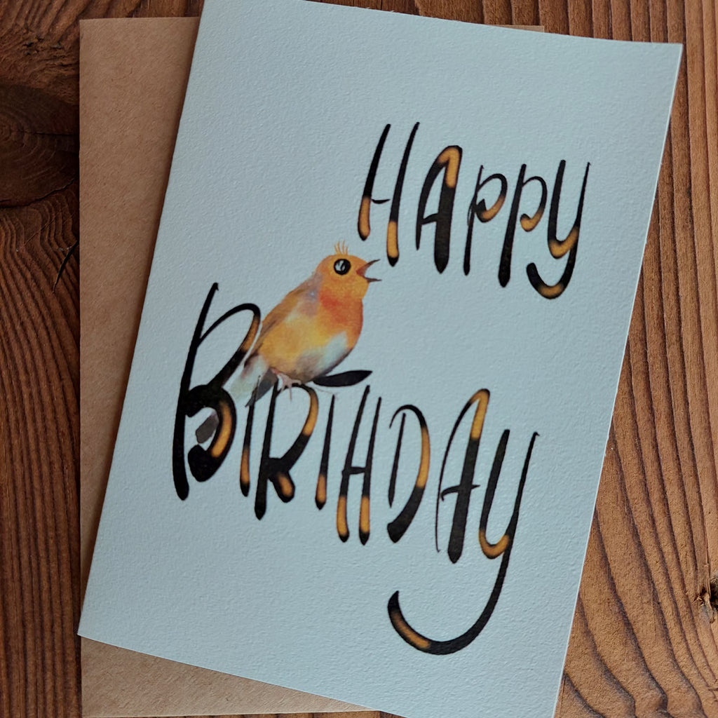 Geburtstagskarte Vogel von KicomiArt mit Kraftpapier-Umschlag, handgefertigt im Atelier