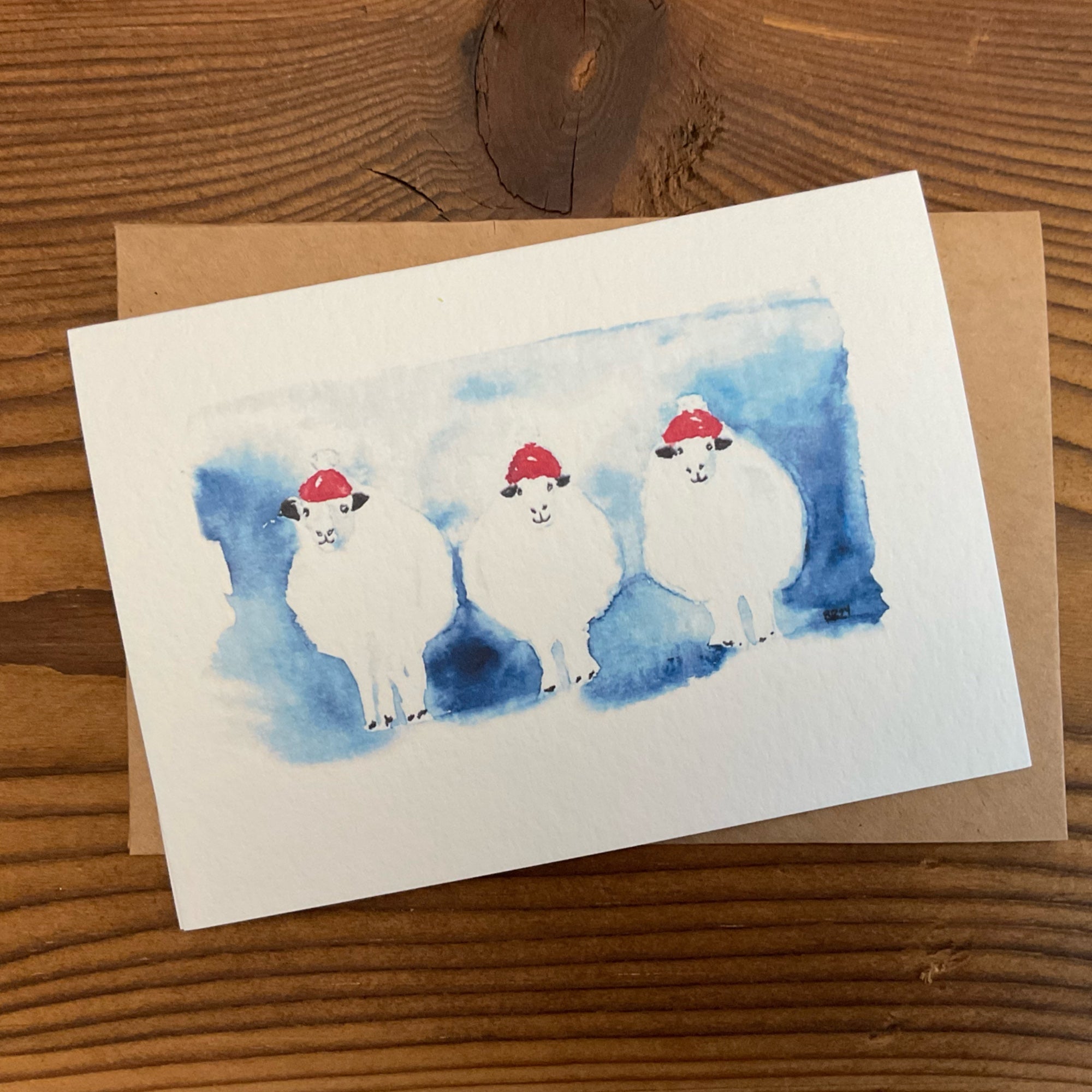 Weihnachtskarte Schafe Aquarell mit Kraftpapier-Couvert – Handgemacht KicomiArt