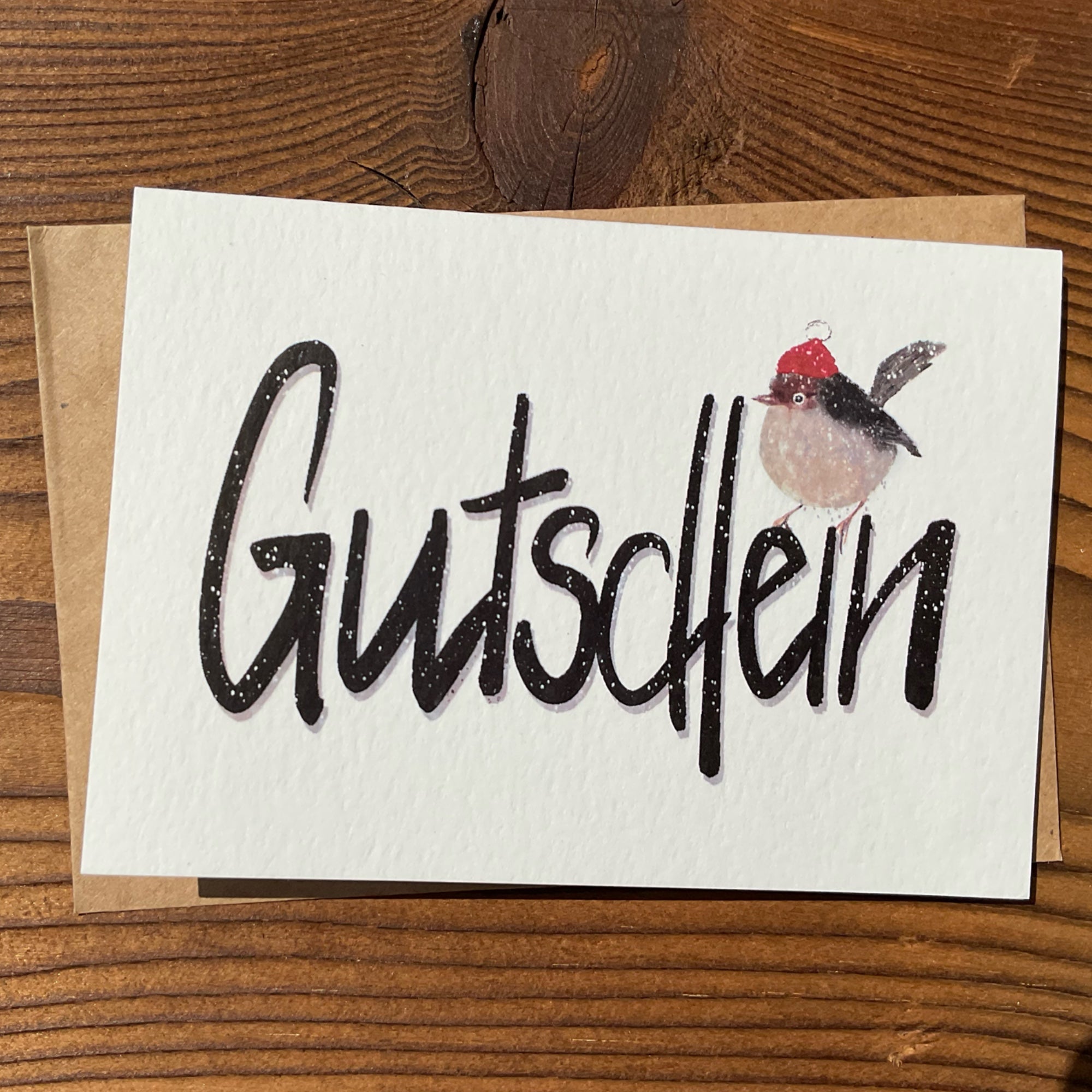 Gutscheinkarte Weihnachten von KicomiArt mit Couvert aus Kraftpapier – handgemacht in der Schweiz