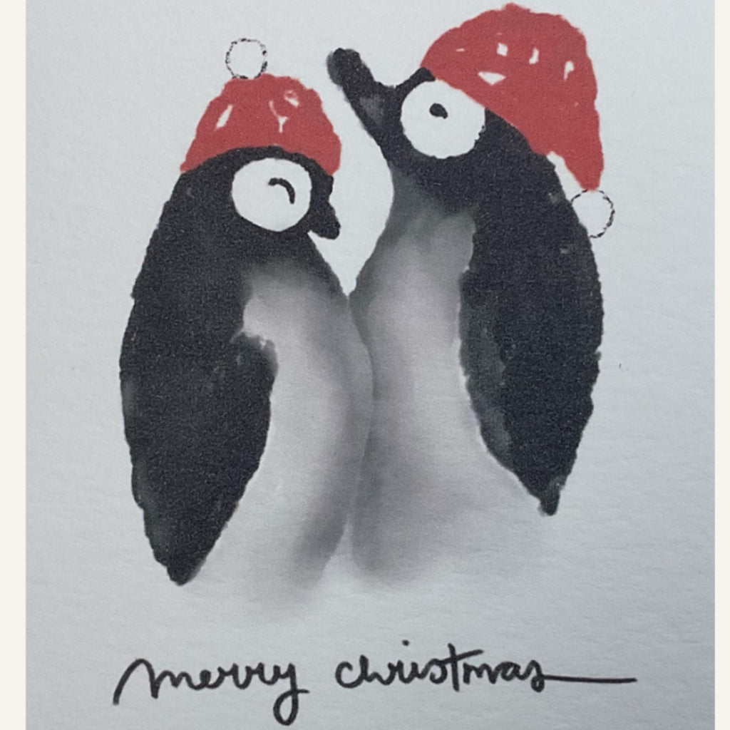 Detailansicht Weihnachtskarte Pinguine – eigene Illustration auf naturweissem Mixed Media Papier 300g