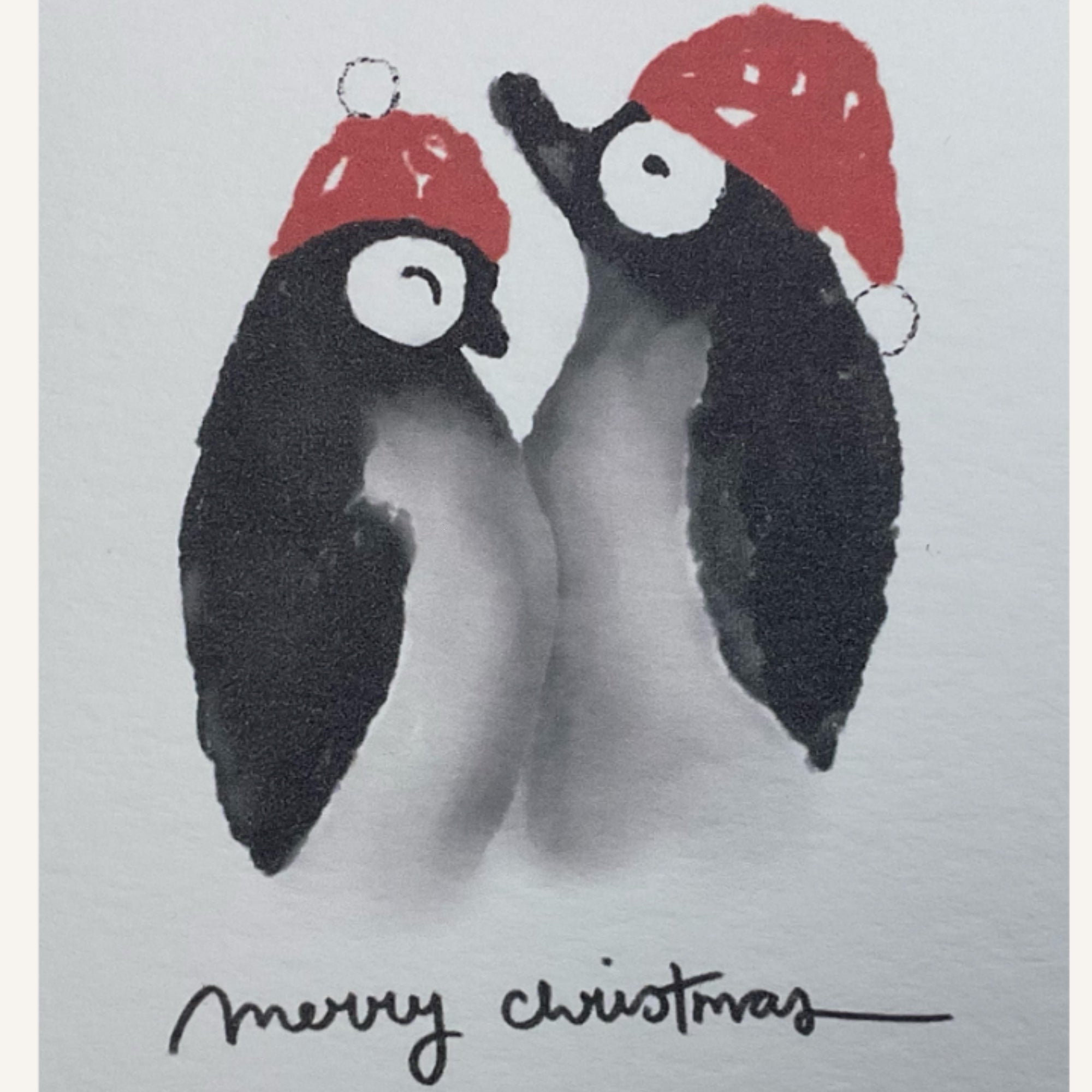 Detailansicht Weihnachtskarte Pinguine – eigene Illustration auf naturweissem Mixed Media Papier 300g