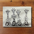 Geburtstagskarte mit vier Giraffen und dem Schriftzug Happy Birthday To You, Schwarz-Weiss-Illustration, A6-Format, KicomiArt
