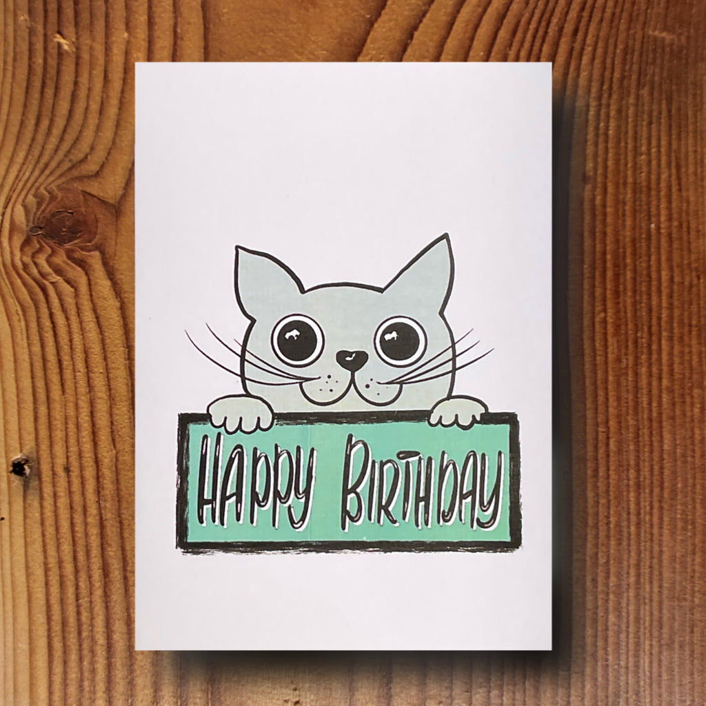 Handgemachte Geburtstagskarte mit niedlicher Katzen-Illustration, Fotokarton 300g, Format A6