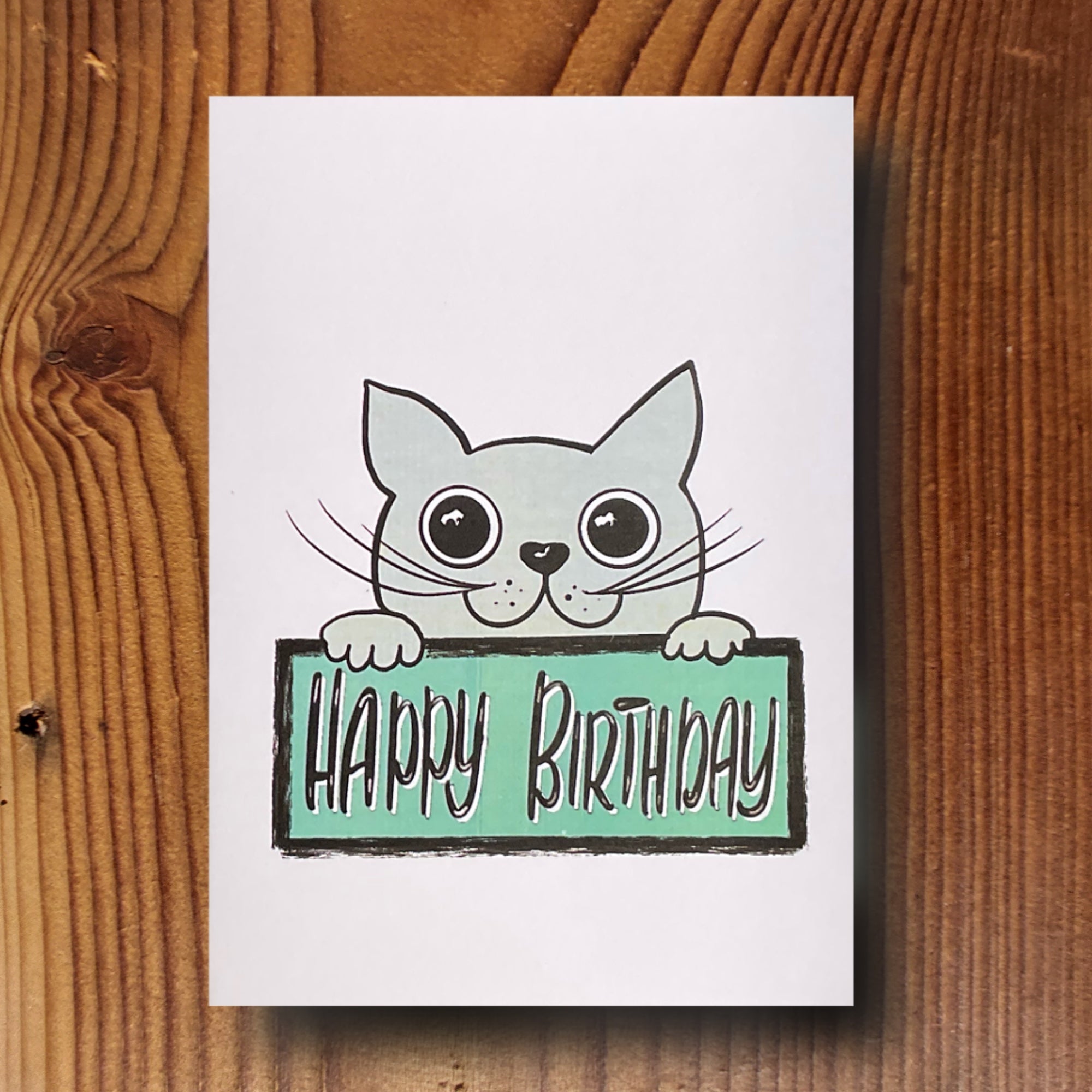 Handgemachte Geburtstagskarte mit niedlicher Katzen-Illustration, Fotokarton 300g, Format A6