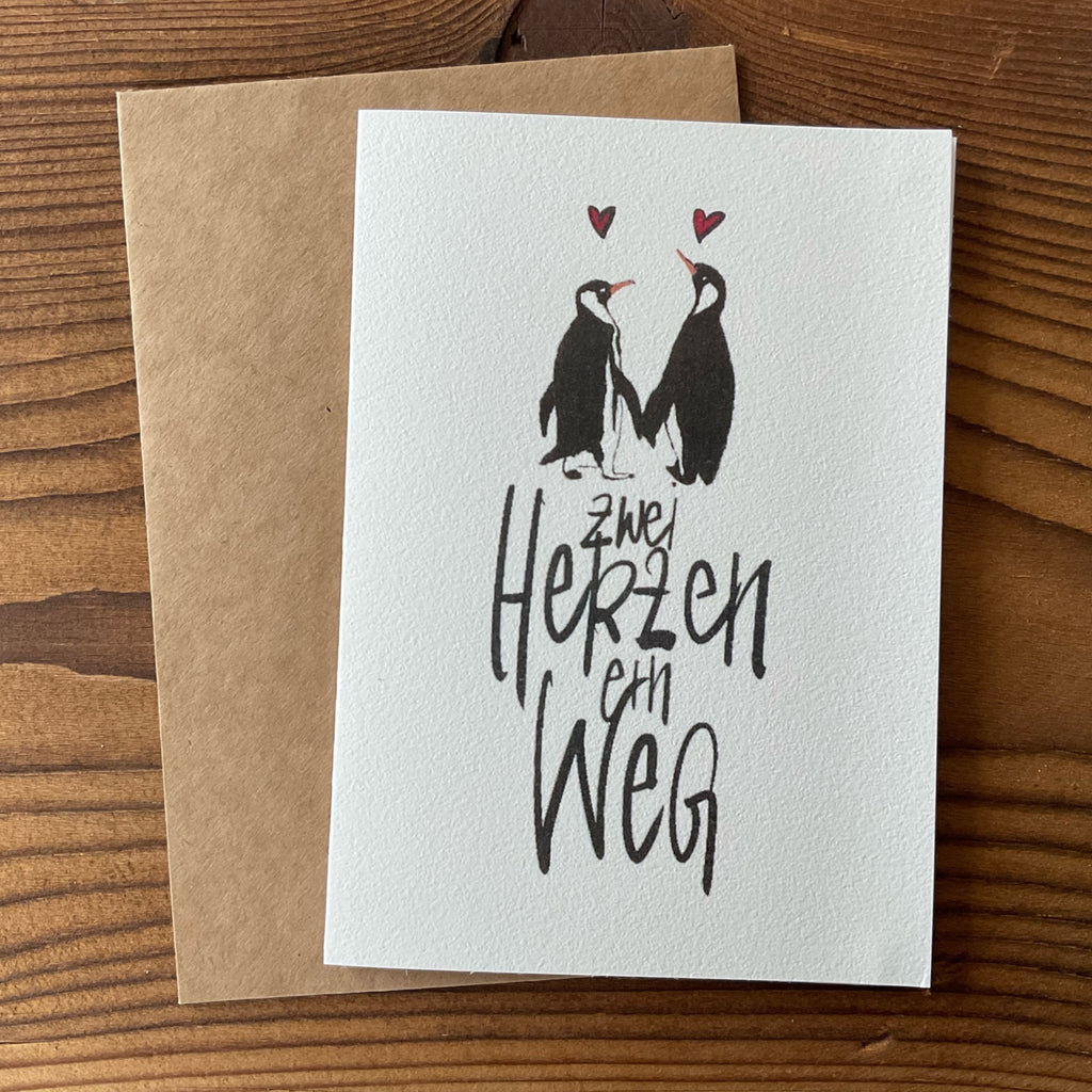 Hochzeitskarte Pinguine von KicomiArt mit Kraftpapier-Umschlag, handgefertigt im Atelier