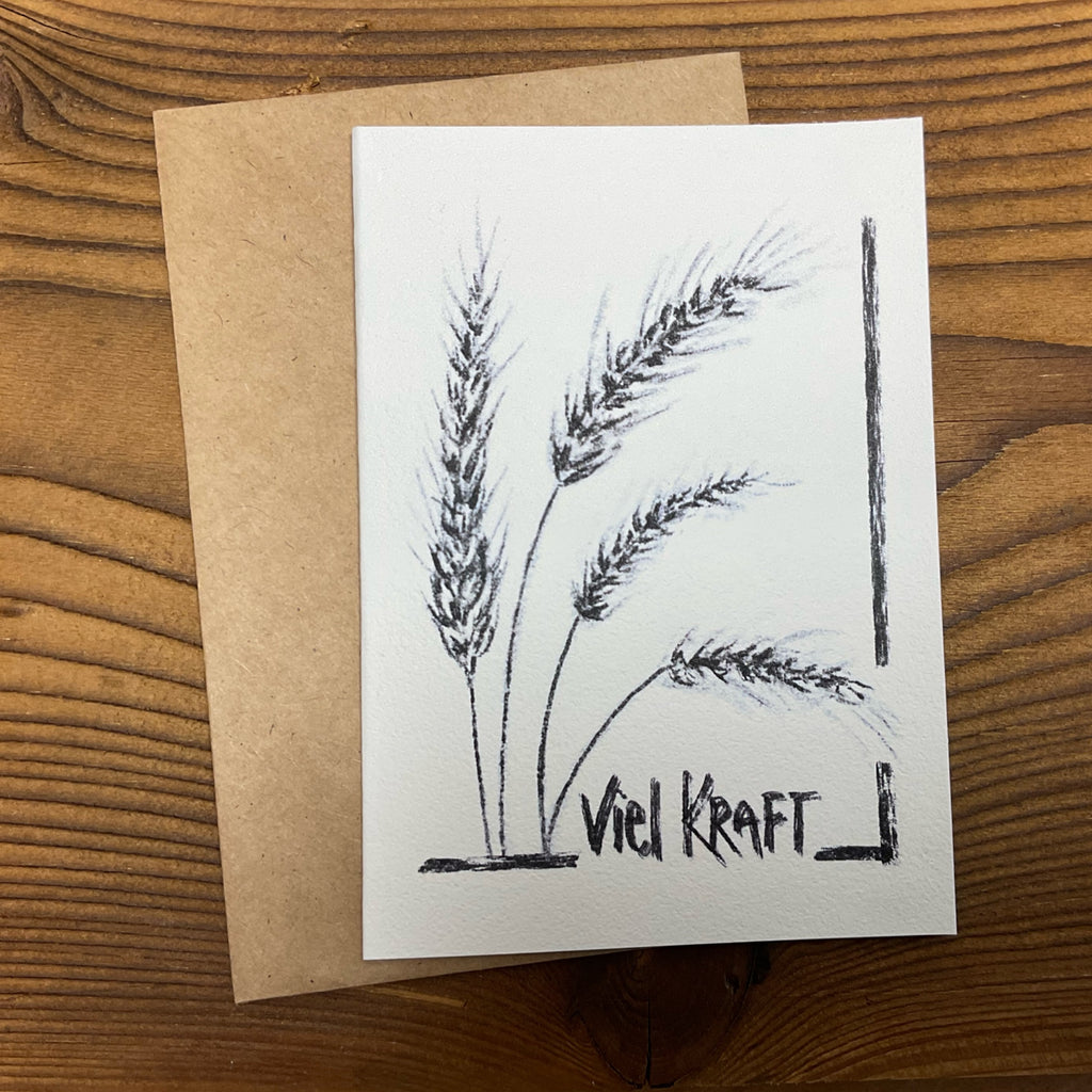 Motivationskarte Viel Kraft mit Weizenähren-Motiv und passendem Kraftpapier-Umschlag, handgemacht in der Schweiz, KicomiArt
