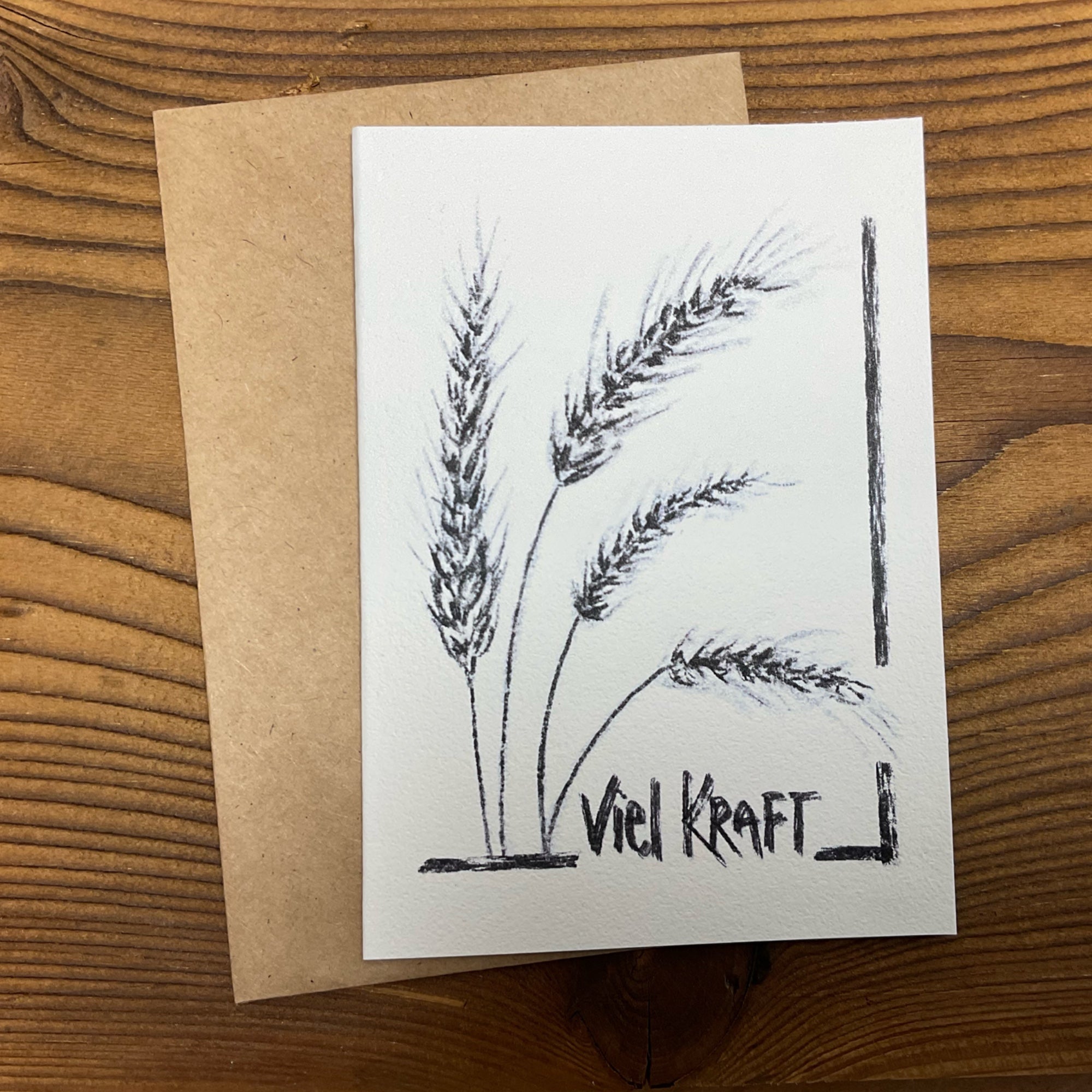 Motivationskarte Viel Kraft mit Weizenähren-Motiv und passendem Kraftpapier-Umschlag, handgemacht in der Schweiz, KicomiArt
