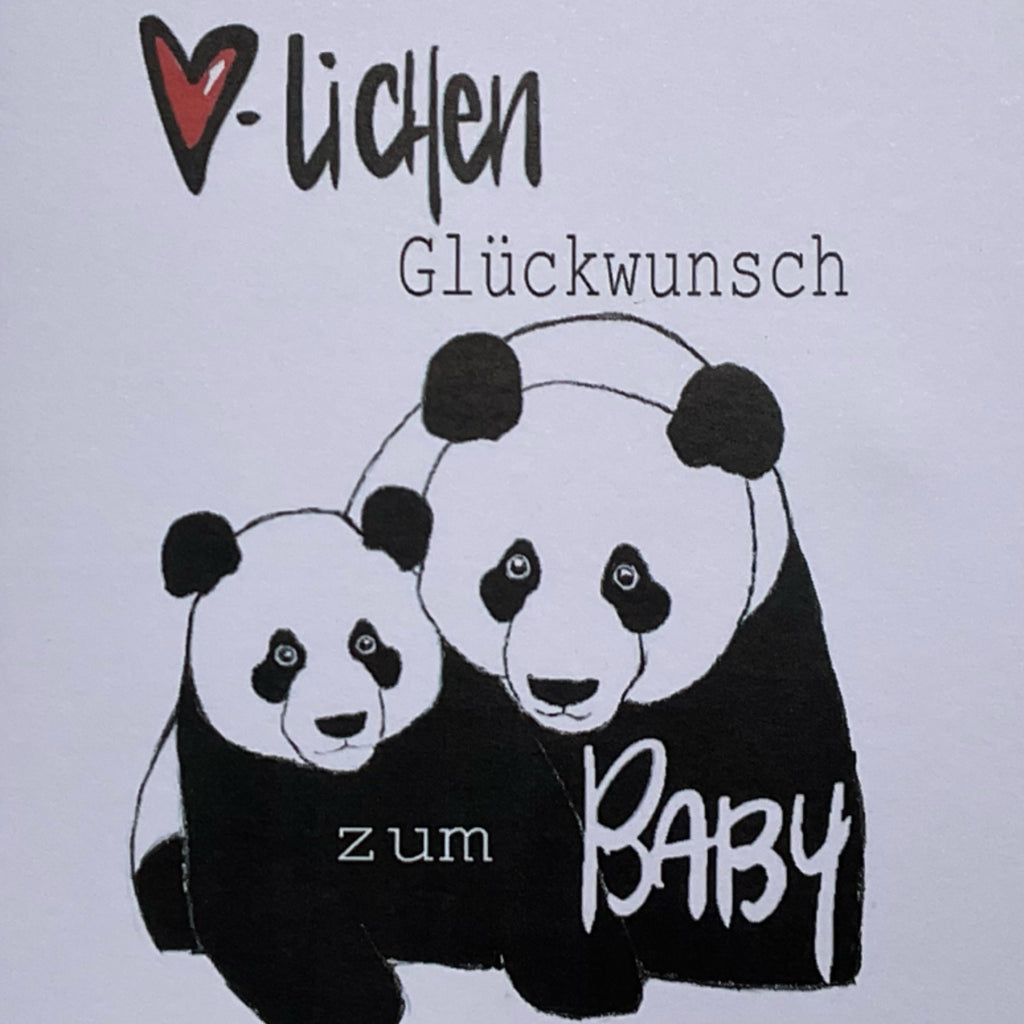 Detailansicht der Panda-Illustration auf der Babykarte – schwarzweisse Zeichnung mit zartem Glitzer, handgemacht