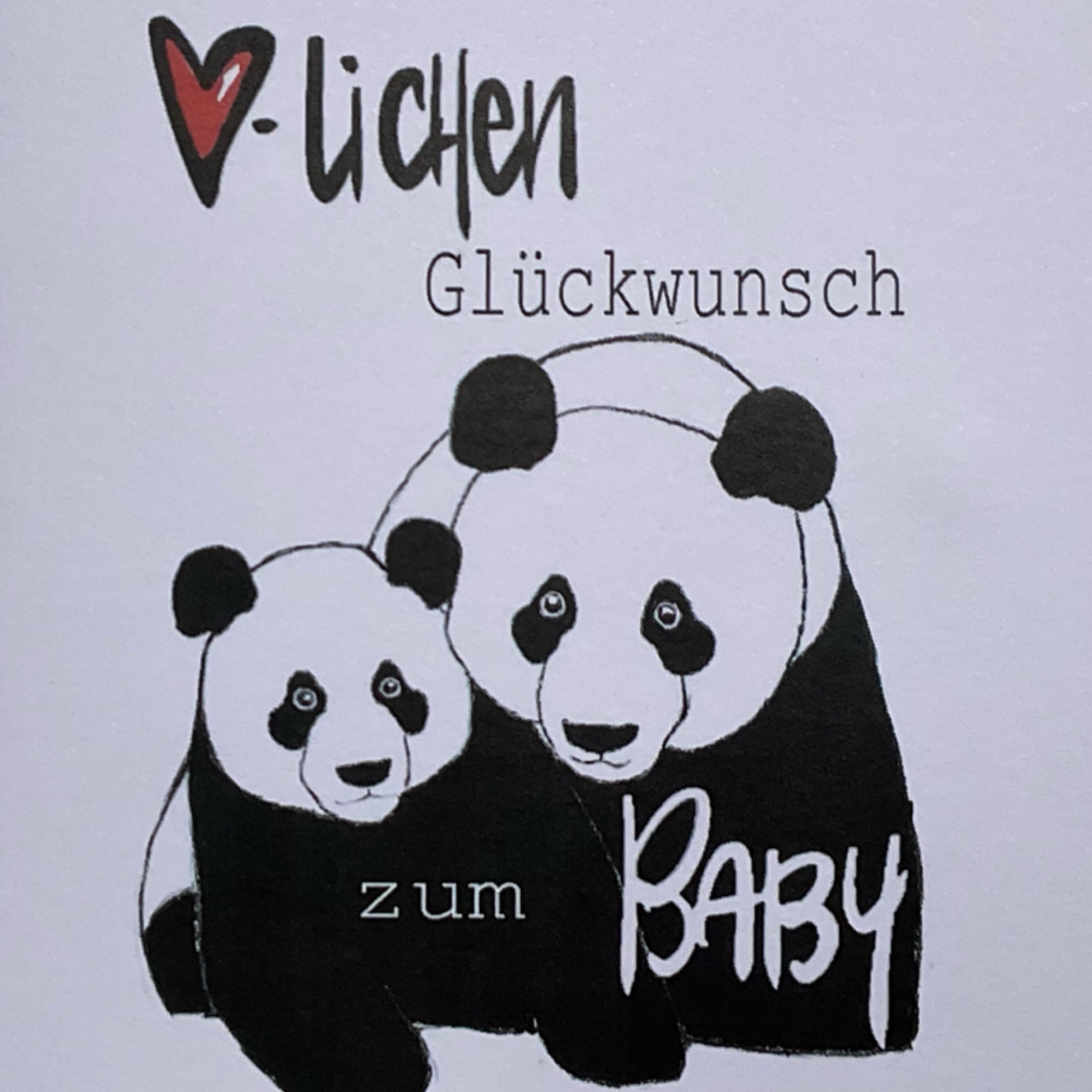 Detailansicht der Panda-Illustration auf der Babykarte – schwarzweisse Zeichnung mit zartem Glitzer, handgemacht