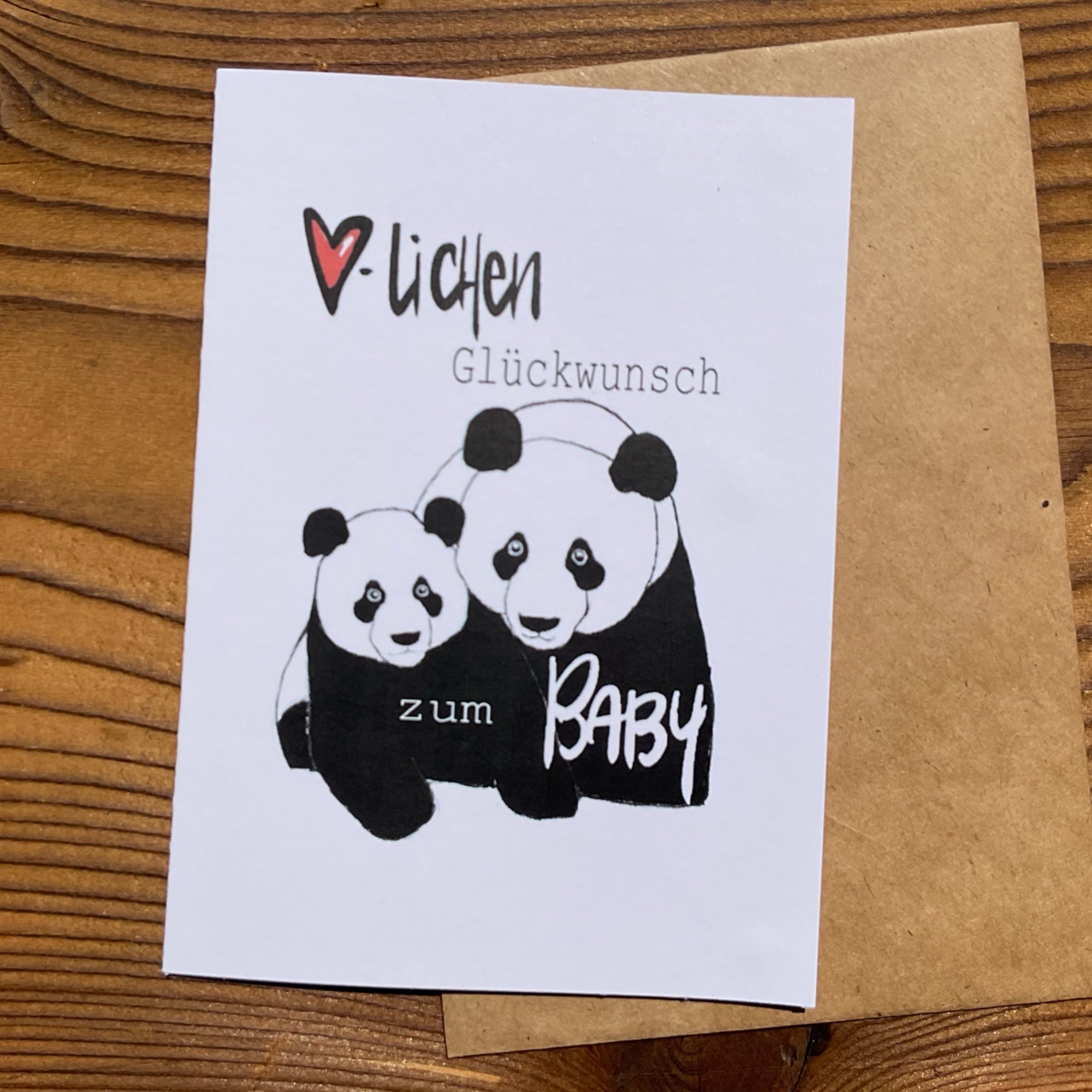 Babykarte mit Panda-Motiv und passendem Kuvert, Format A6, handgemacht von KicomiArt