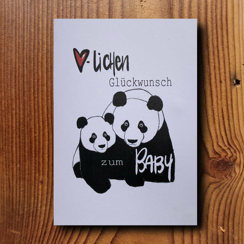 Babykarte mit zwei Pandas – gross und klein – und Schriftzug „Herzlichen Glückwunsch zum Baby", handgemacht von KicomiArt