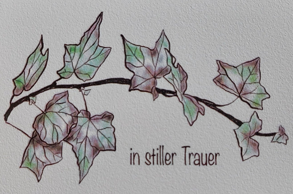 Detailansicht der handgezeichneten Efeu-Illustration auf der Trauerkarte in stiller Trauer, KicomiArt
