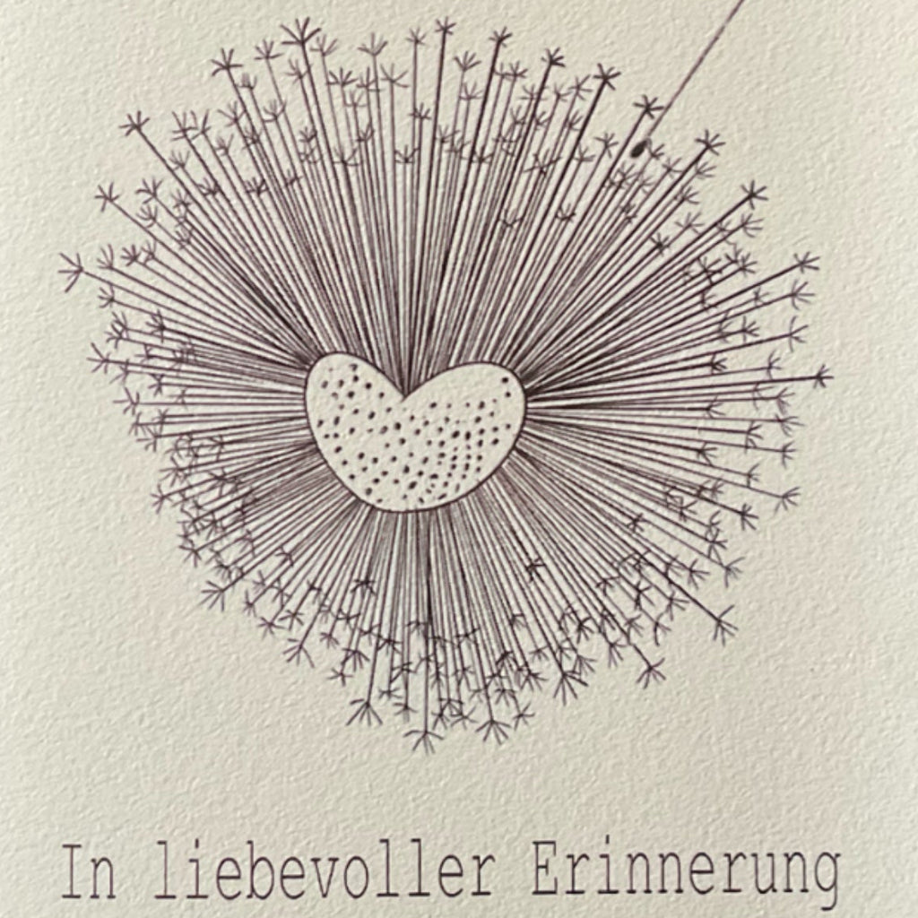 Detailansicht der Trauerkarte In liebevoller Erinnerung mit zarter Pusteblumen-Illustration