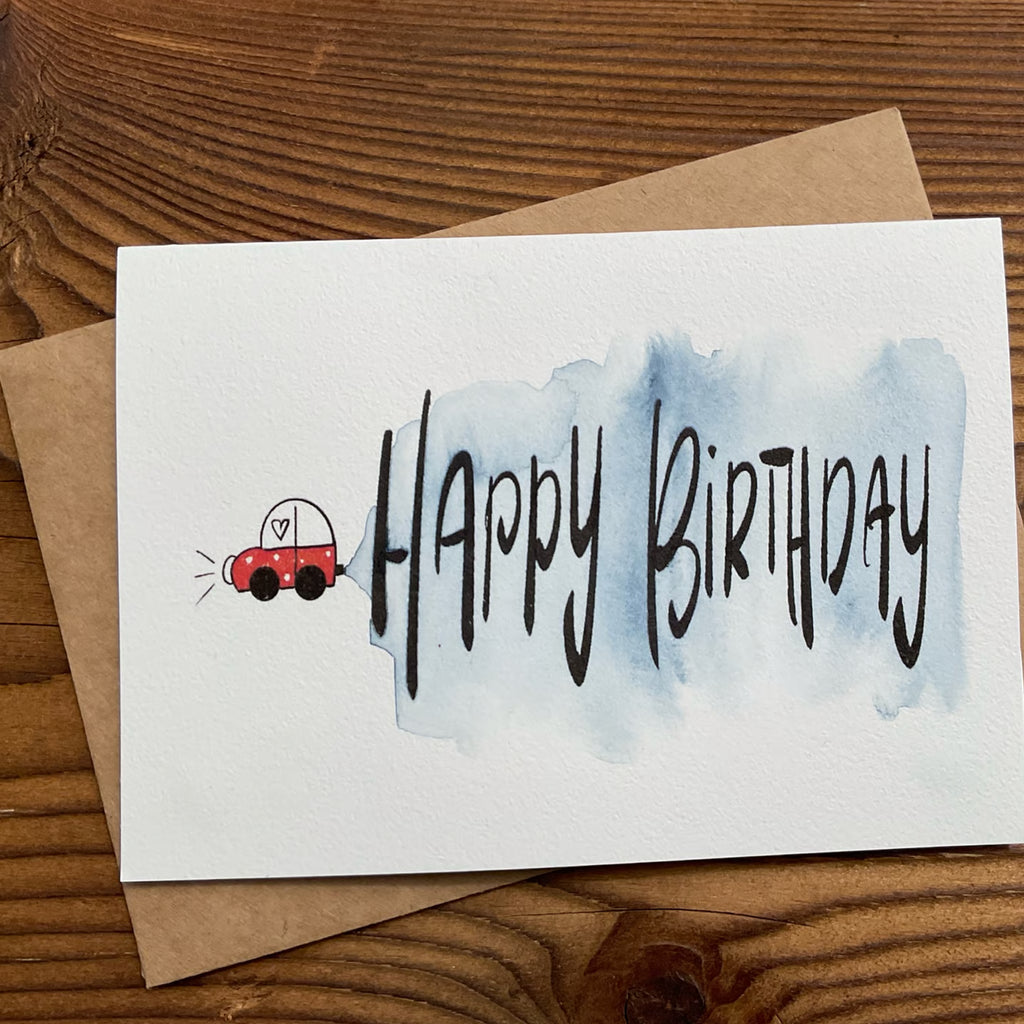 Geburtstagskarte Auto & Aquarell von KicomiArt mit Kraftpapier-Umschlag, handveredelt