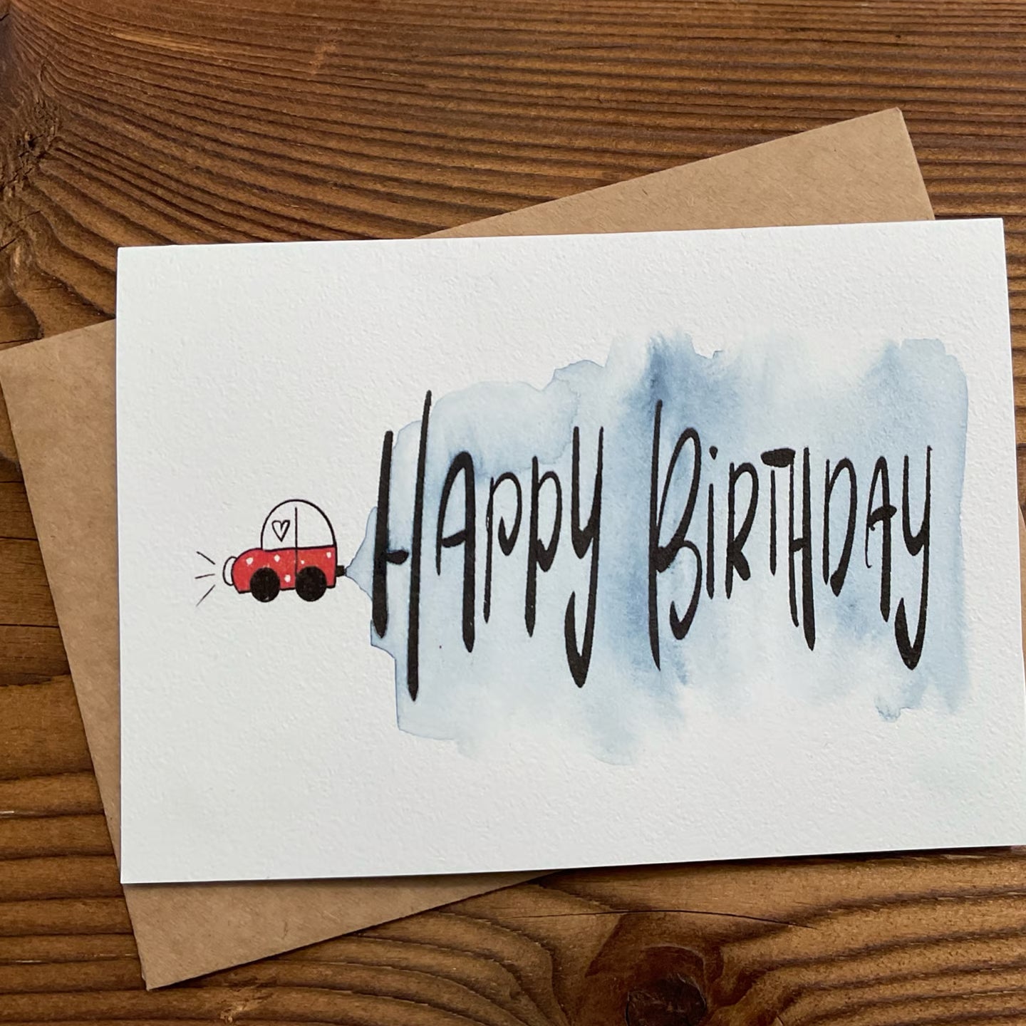 Geburtstagskarte Auto & Aquarell von KicomiArt mit Kraftpapier-Umschlag, handveredelt